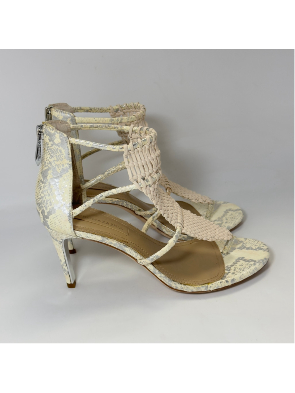 BCBGMAXAZRIA Charlotte Macrame Snake Print Sandals, Size 8.5 Beige and Silver